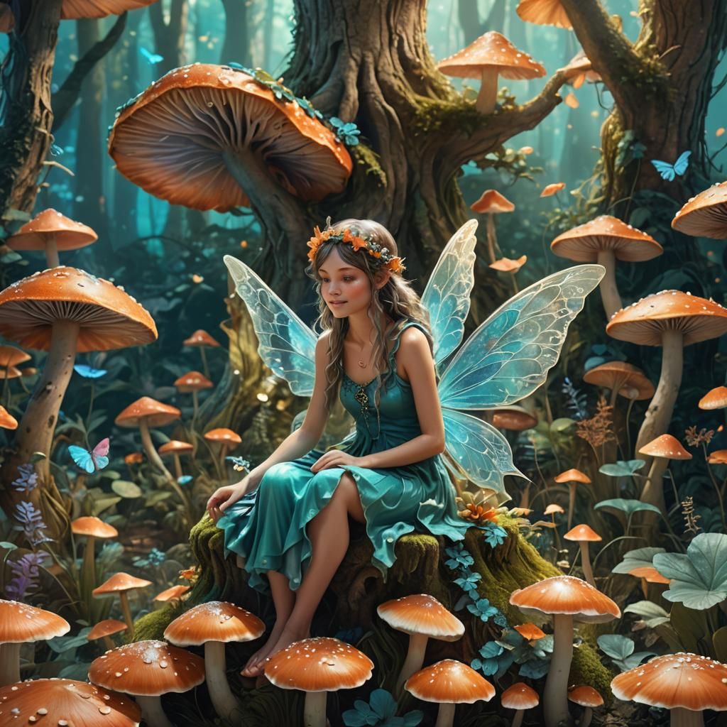 Fairy on Mushroom in Magical Forest: Fantasy Concept Art
