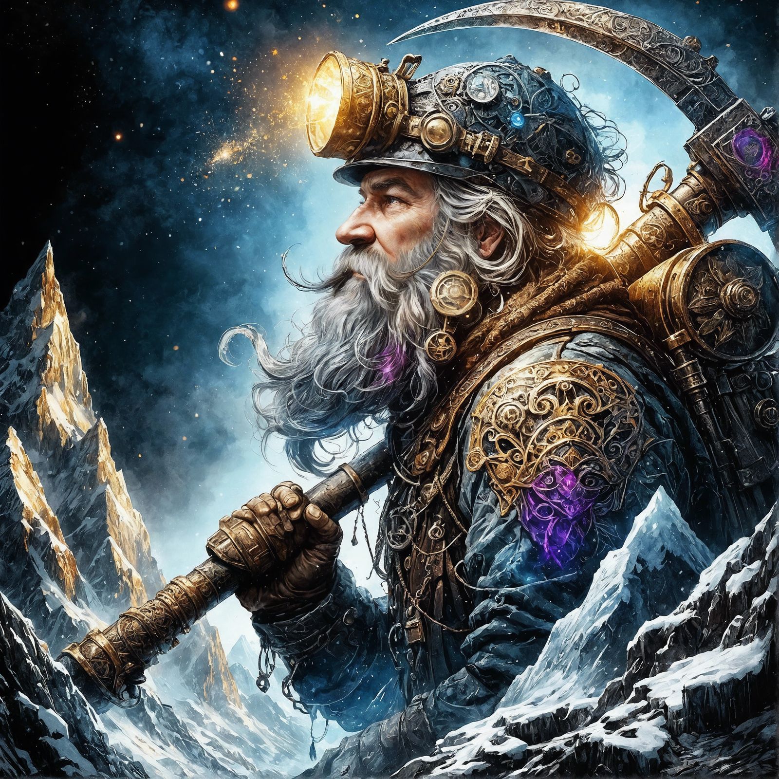 Steampunk Dwarf Miner in Colorful Ornamental Portrait