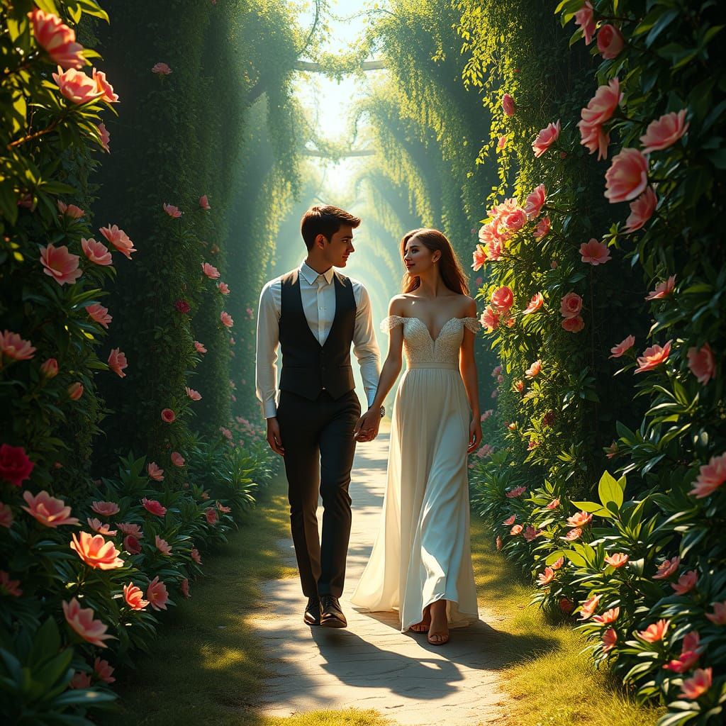 Romantic Labyrinth Walk in Photorealistic Style