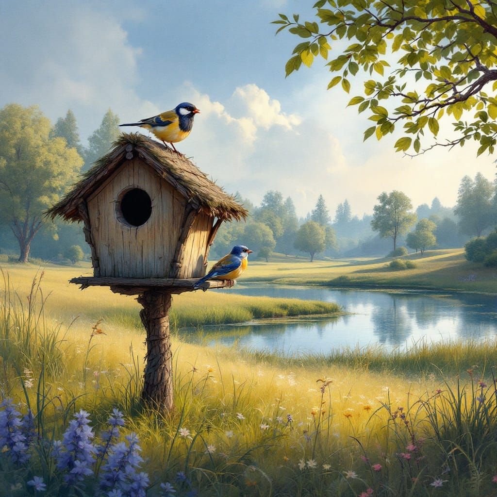 Birds on Birdhouse: Detailed Matte Painting in Watercolor