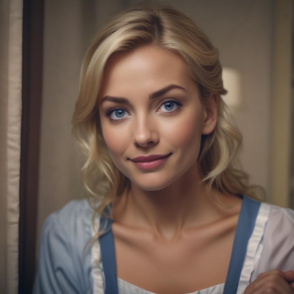 Beautiful Blonde Woman in Maid Uniform with Naughty Smile