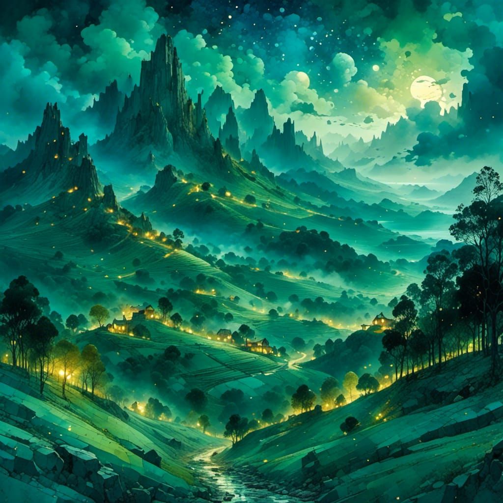 Magical Misty Valley at Night in Watercolor Cubism