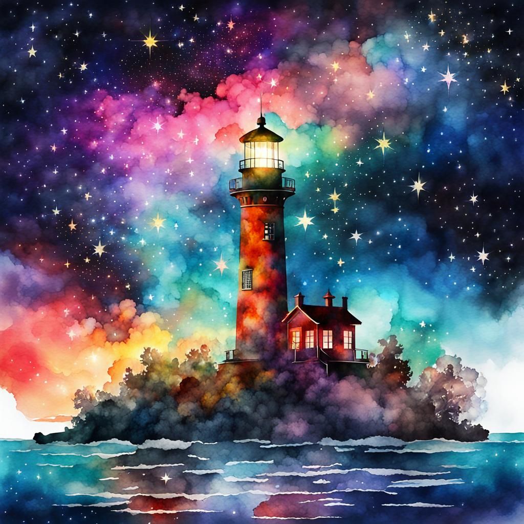 Nebula Lighthouse in Watercolor Style