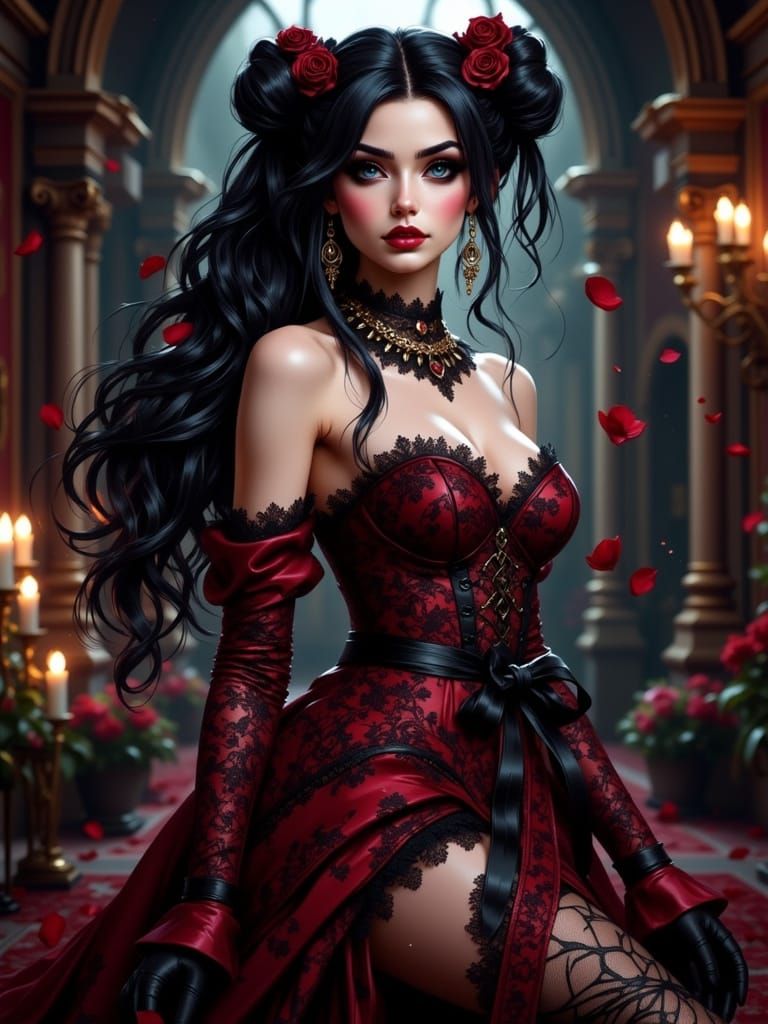Dark Rose Vampire Enchantress in Gothic Interior