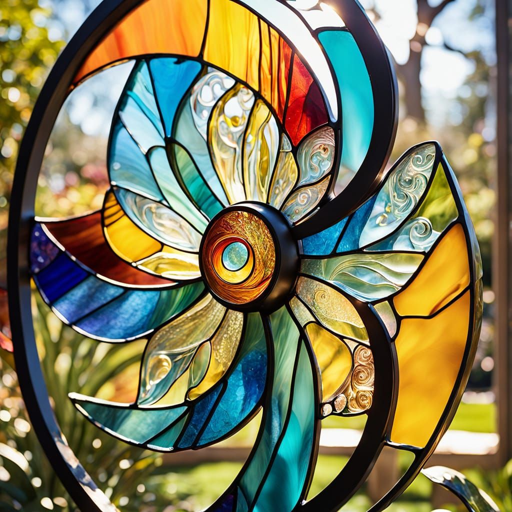 Abstract Stained Glass Masterpiece in a Sunlit Garden