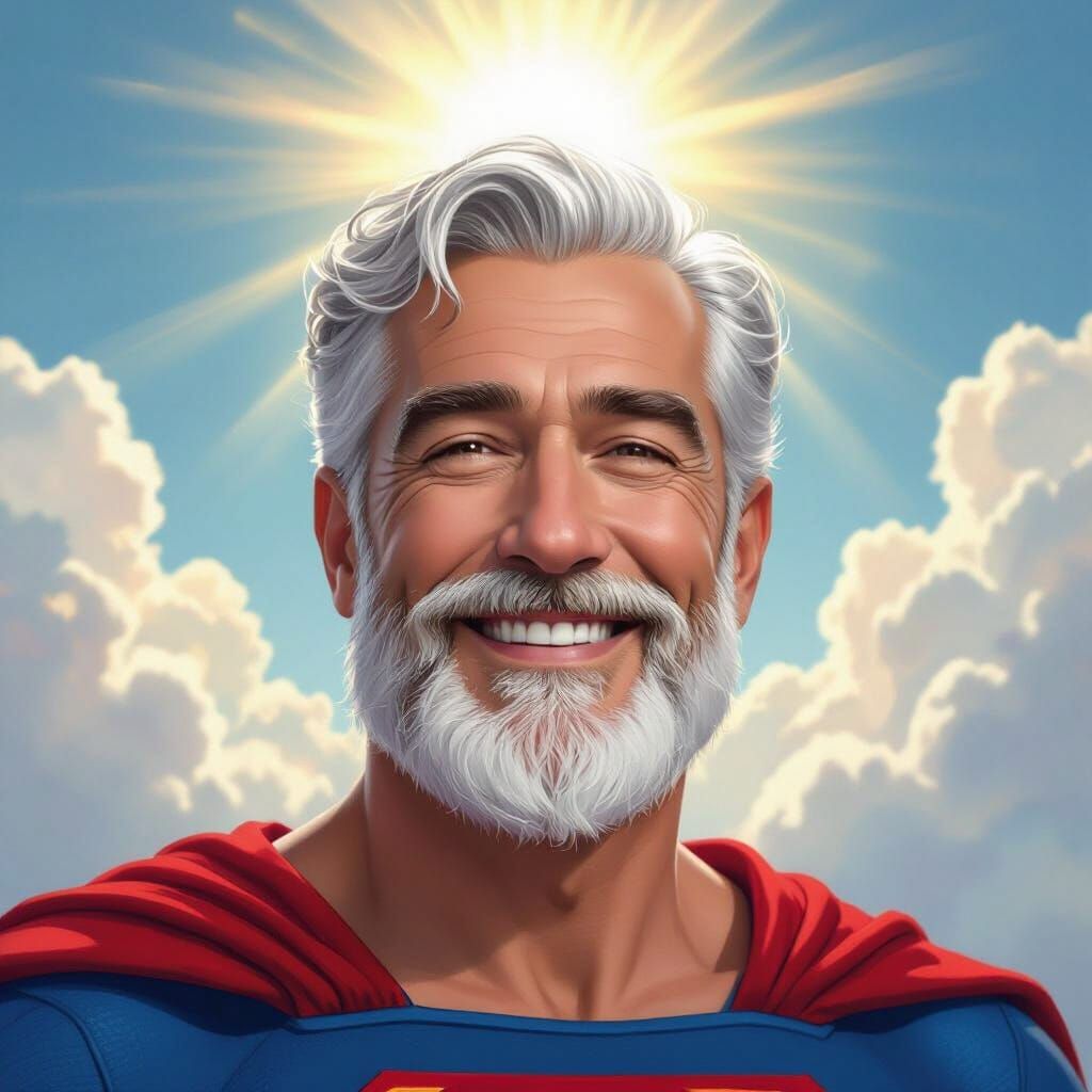 Joyful Silver-Haired Superman as a God in Heaven