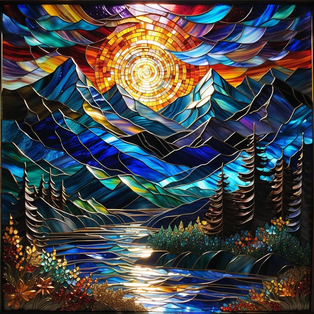 Stained Glass Mountain Landscape Under Starry Night