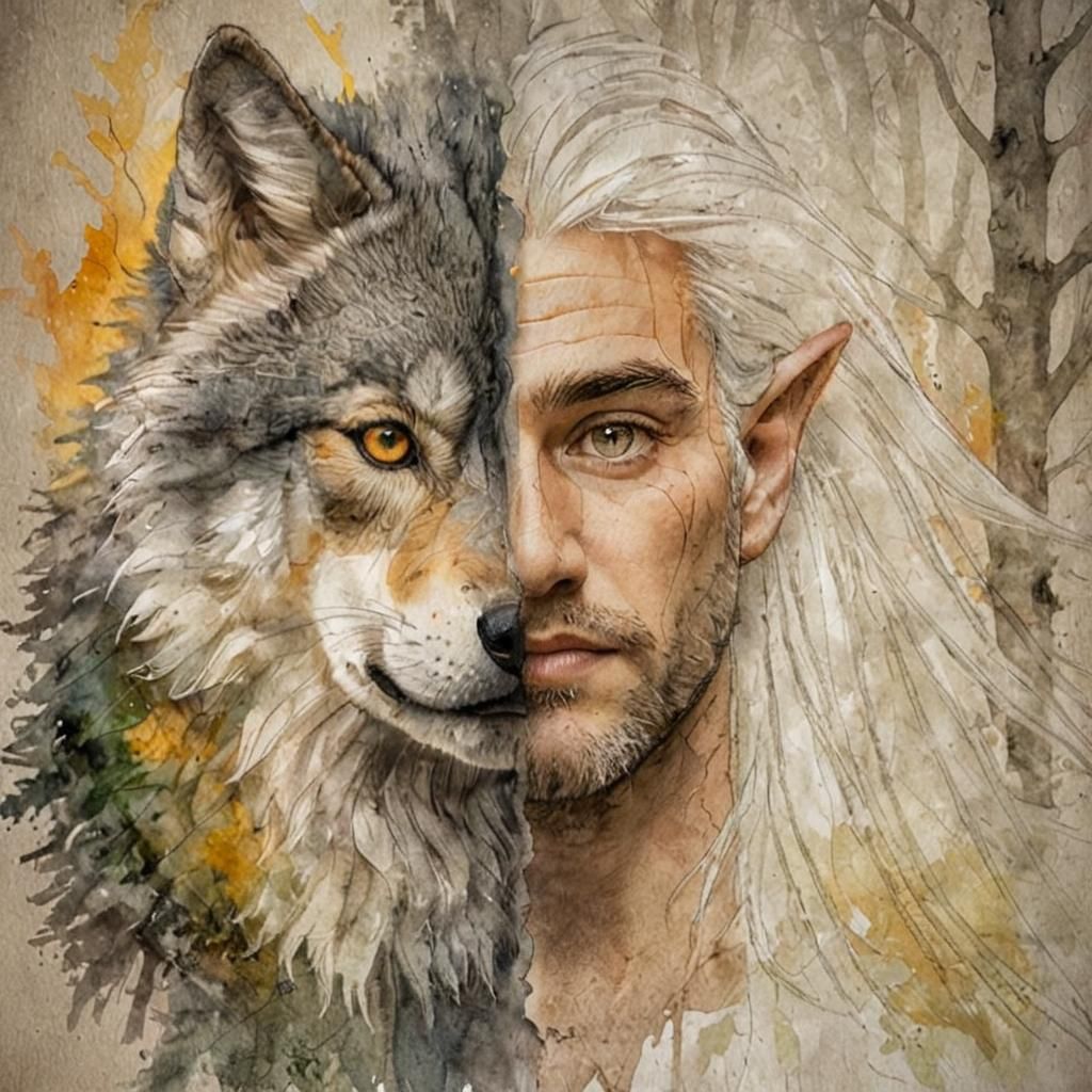 Wolf and Elf Double Exposure Portrait in Watercolor