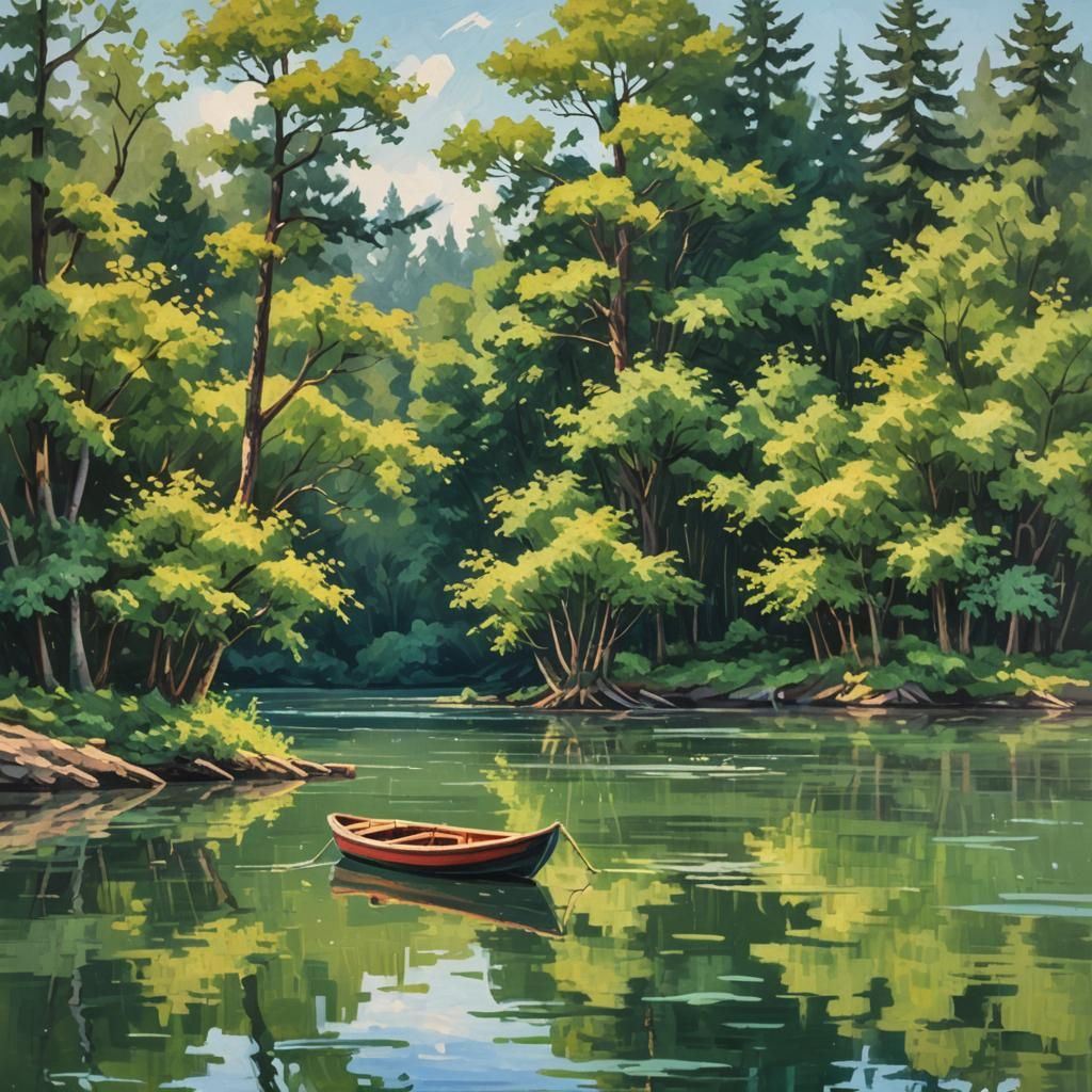 Serene Island Boat as Impressionist Oil Painting