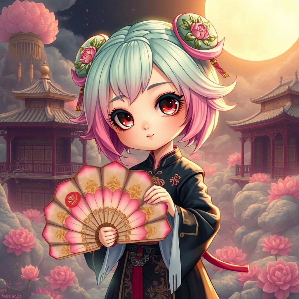Chibi Chinese Girl with Fan in Digital Painting