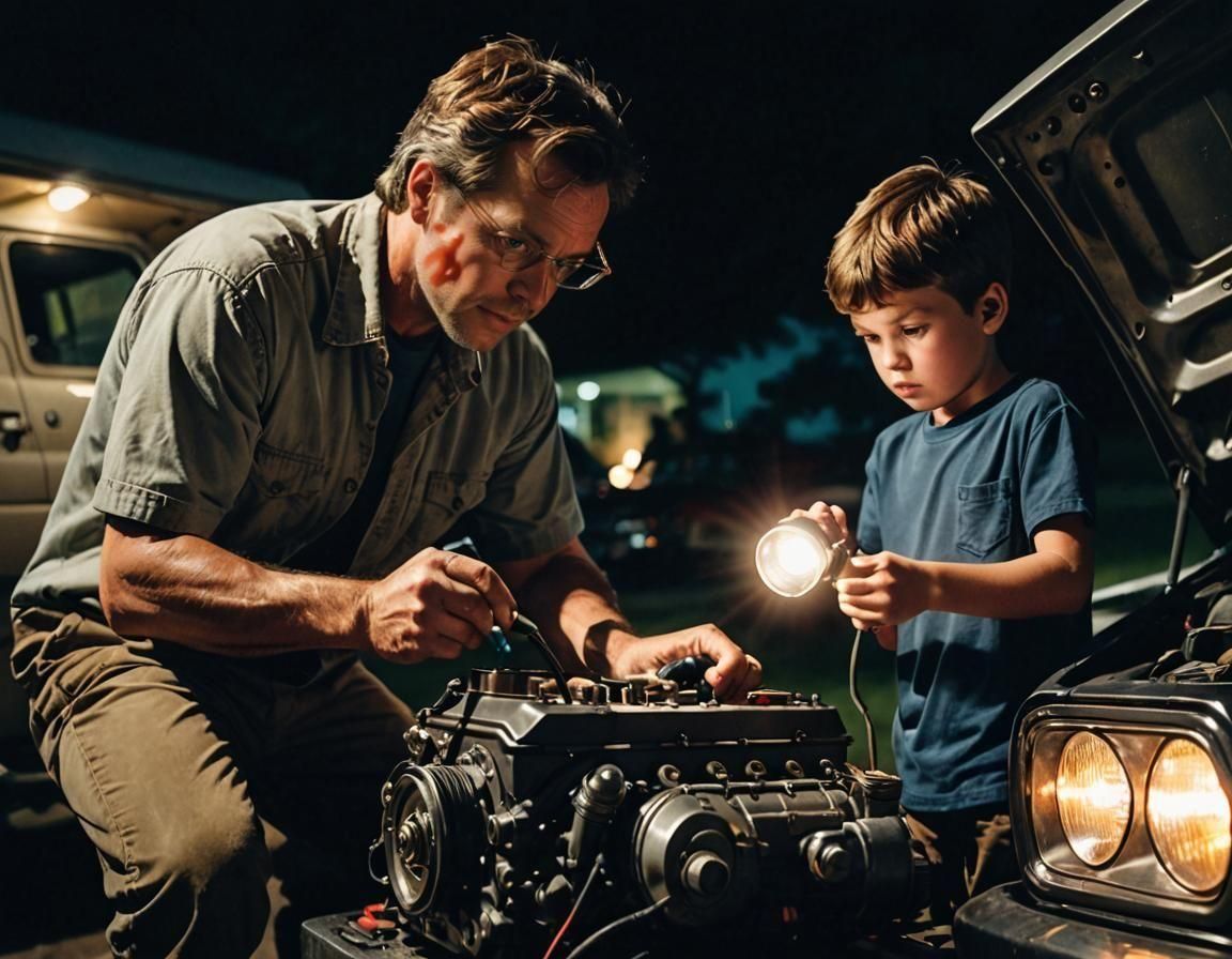 Father and Son Car Repair in Cinematic Lighting