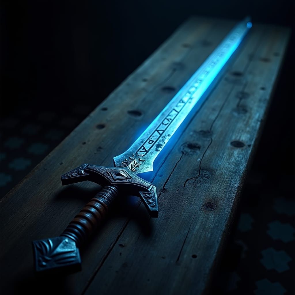 Glowing Medieval Longsword in Dark Fantasy Setting