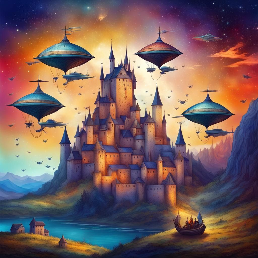 Medieval Castle with Flying Ships and Cosmic Backdrop
