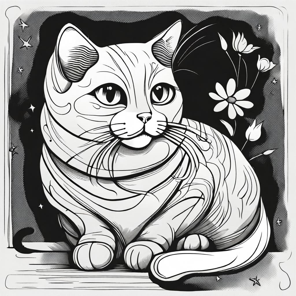 Detailed Line Art Cat Drawing in Vintage Style