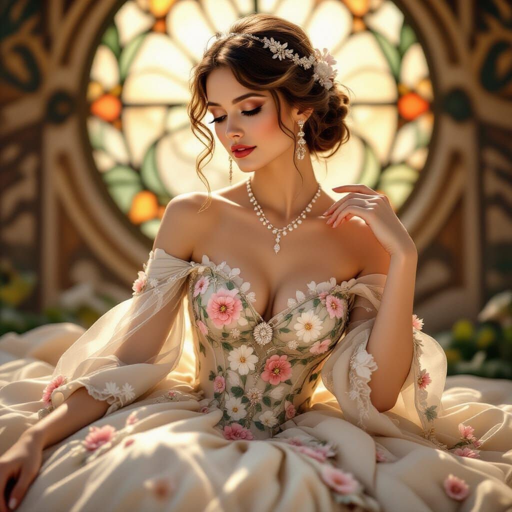 Elegant Woman in Floral Gown, Art Nouveau Style