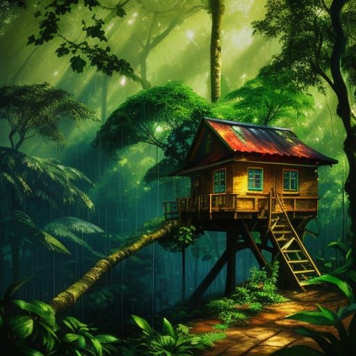 Boy in Rainforest Treehouse: Vibrant Oil Painting