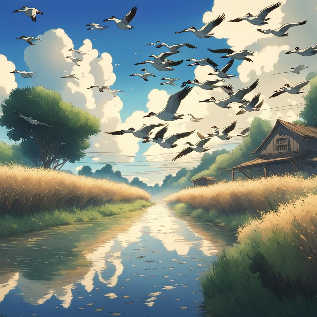 Geese Migration in Studio Ghibli Anime Style