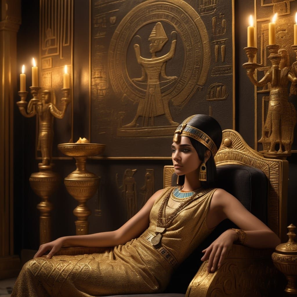 Cleopatra Reclines in Opulent Egyptian Chamber