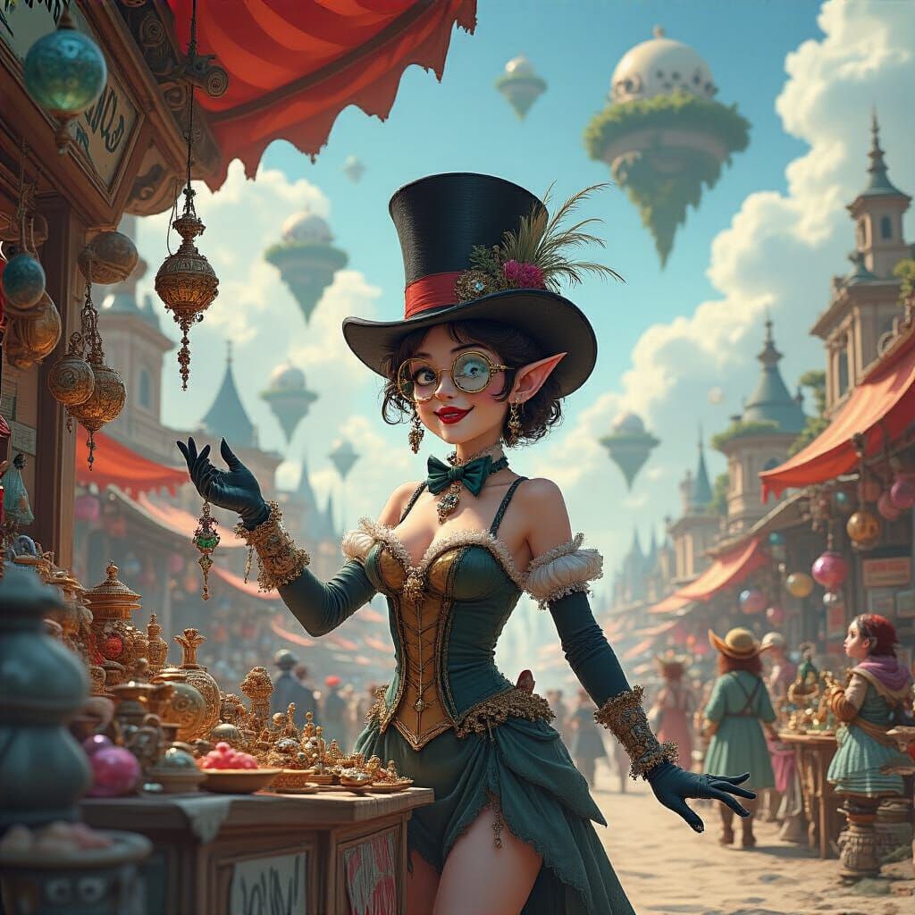 Mischievous Showgirl in Alien Market, Ghibli-Froud Style