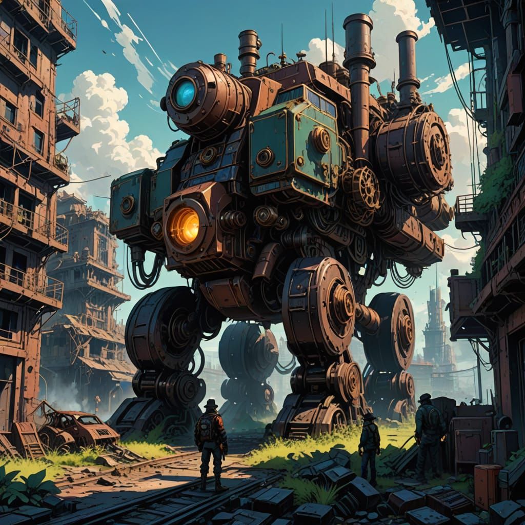 Surreal Post-Apocalyptic Metropolis in Vibrant Steampunk Spl...