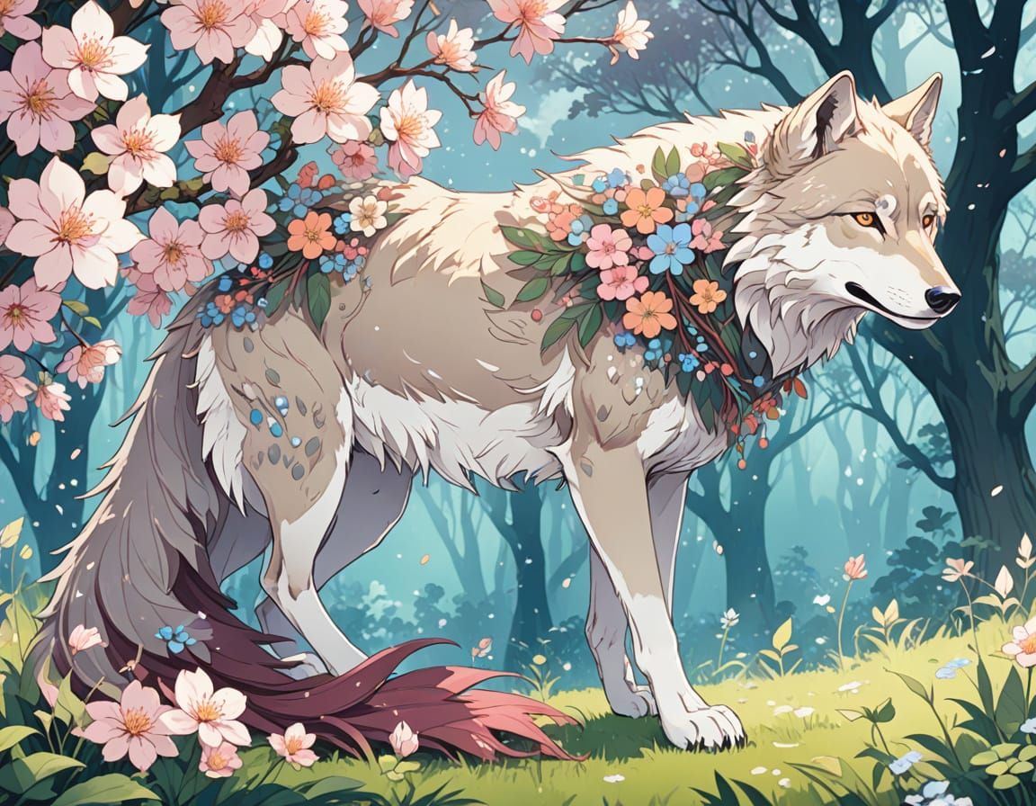 Floral Veiled Wolf in Anime Manga Style