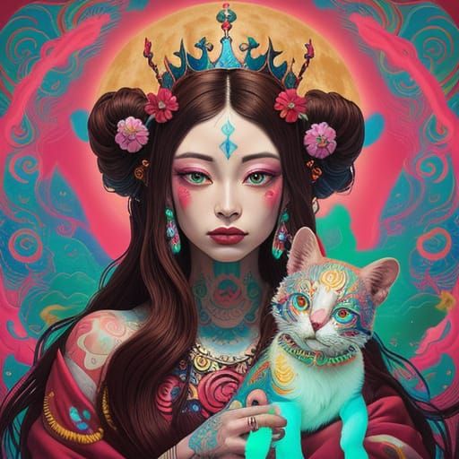Dream Goddess with Pixiu in Surrealist Oil Painting