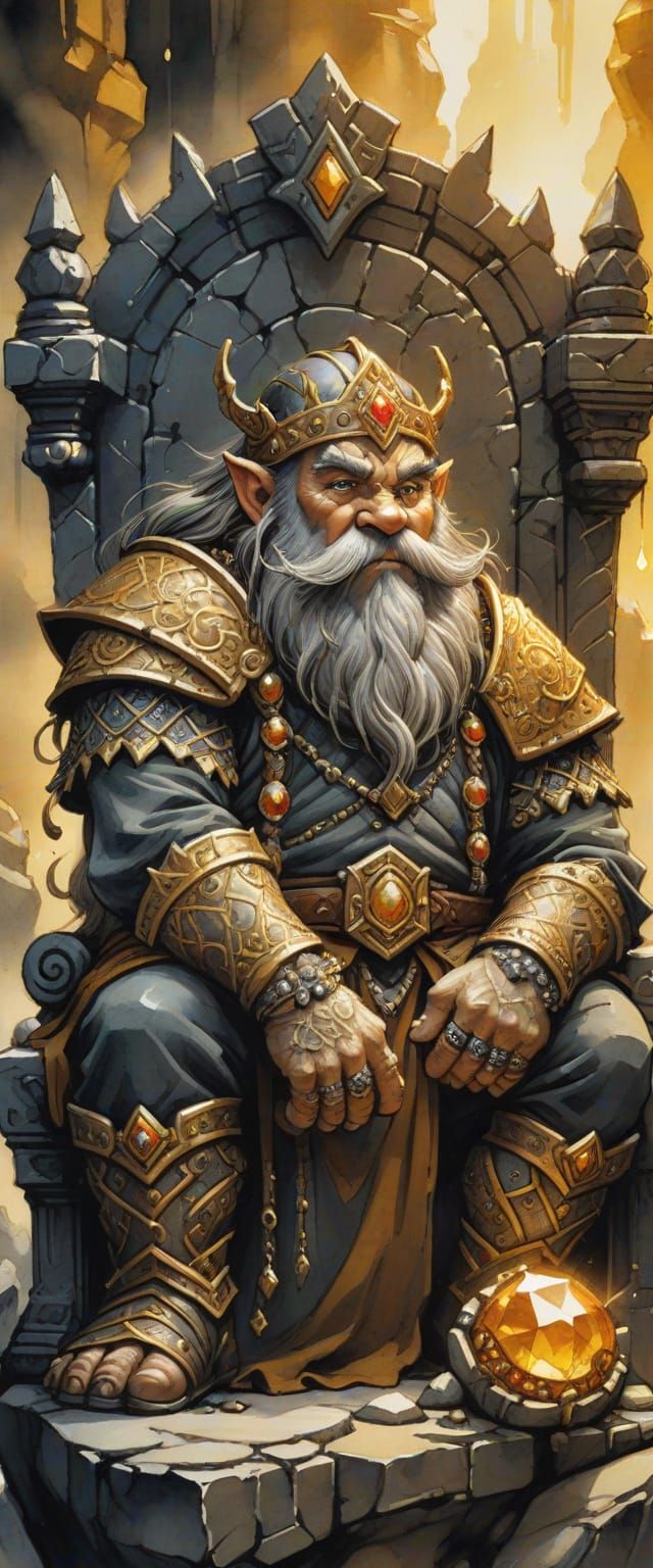 Dwarf King on Stone Throne in Ink Wash Painting