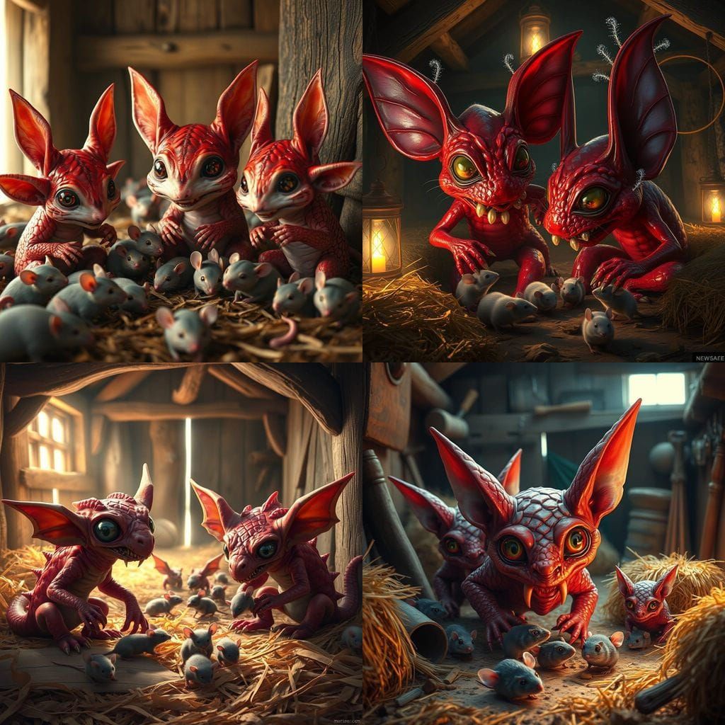 Fantastical Red Dragons Feast on Mice in a Cozy Barn Scene