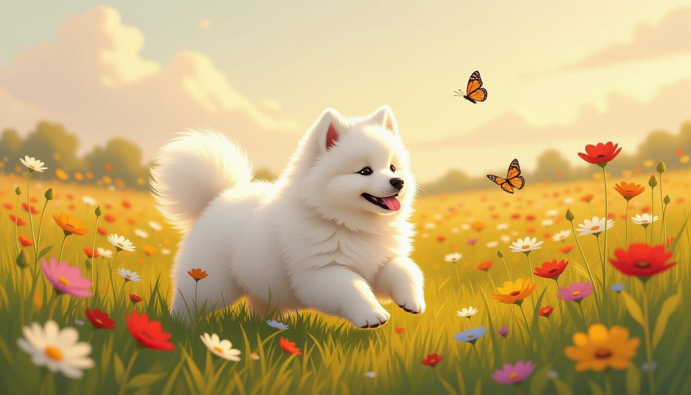 Samoyed Puppy in Wildflower Field, Children's Illustration S...