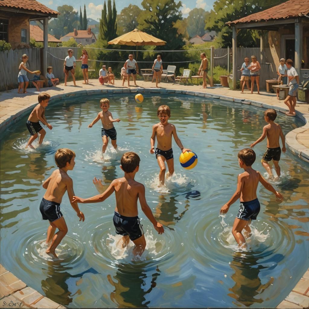 Children Playing Water Volleyball as Oil Painting