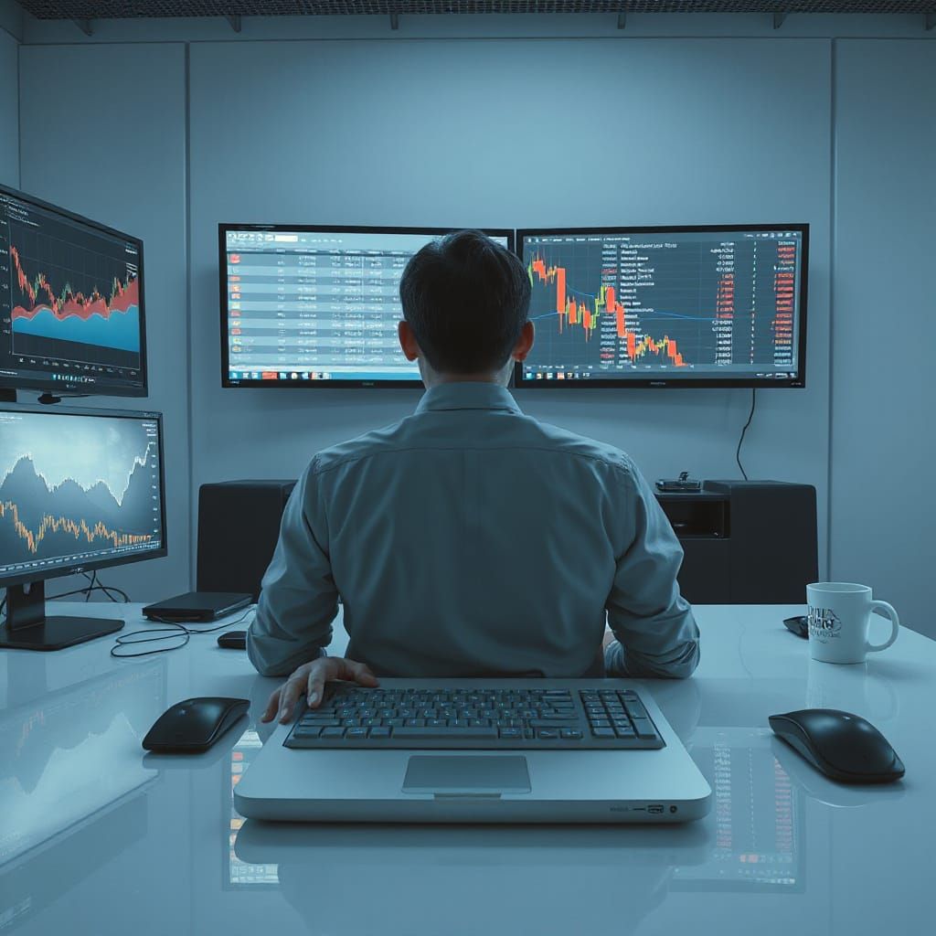 Financial Data Analyst in Cyberpunk Style Office