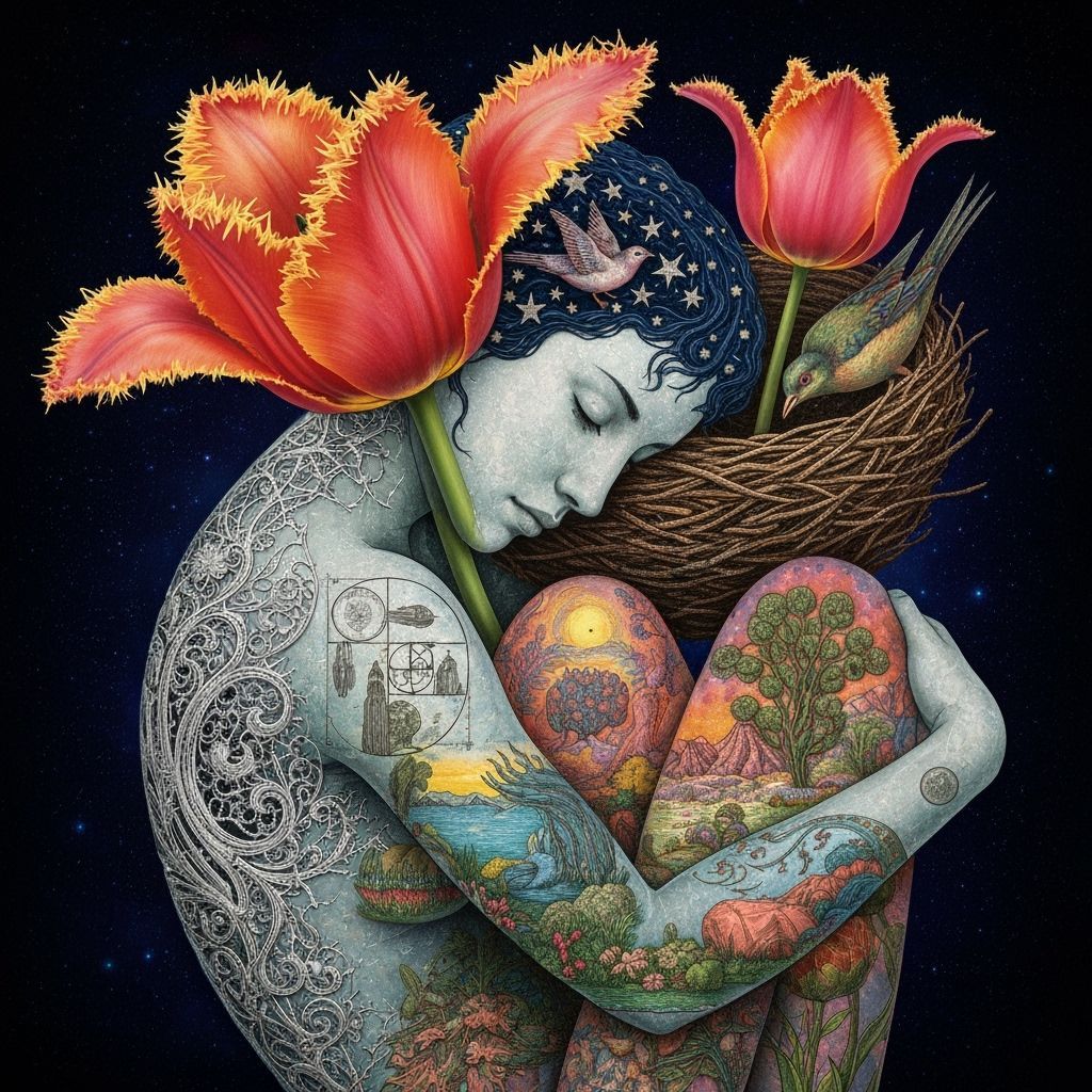 Woman Carries Star Nest in Surreal Bio-Art Style