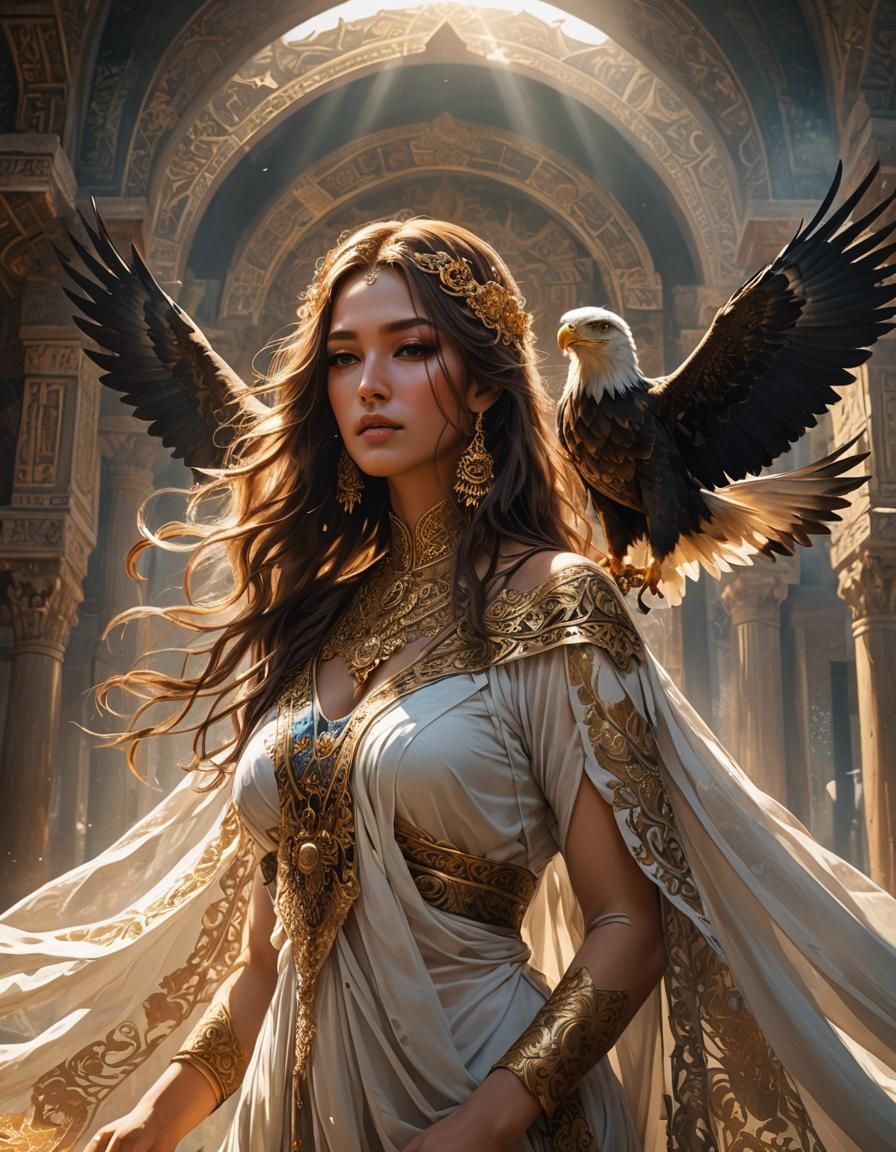 Ornate Veil Woman with Eagle and Temple