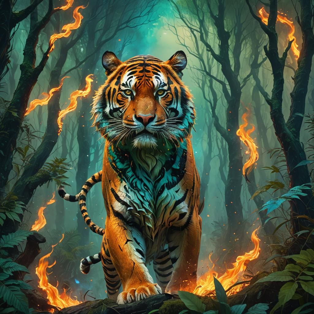 Fiery Tiger in Mystical Forest: Digital Matte Painting