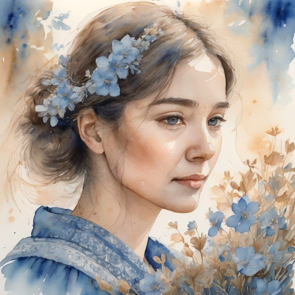 Woman with Flower Basket in Garden, Watercolor Style