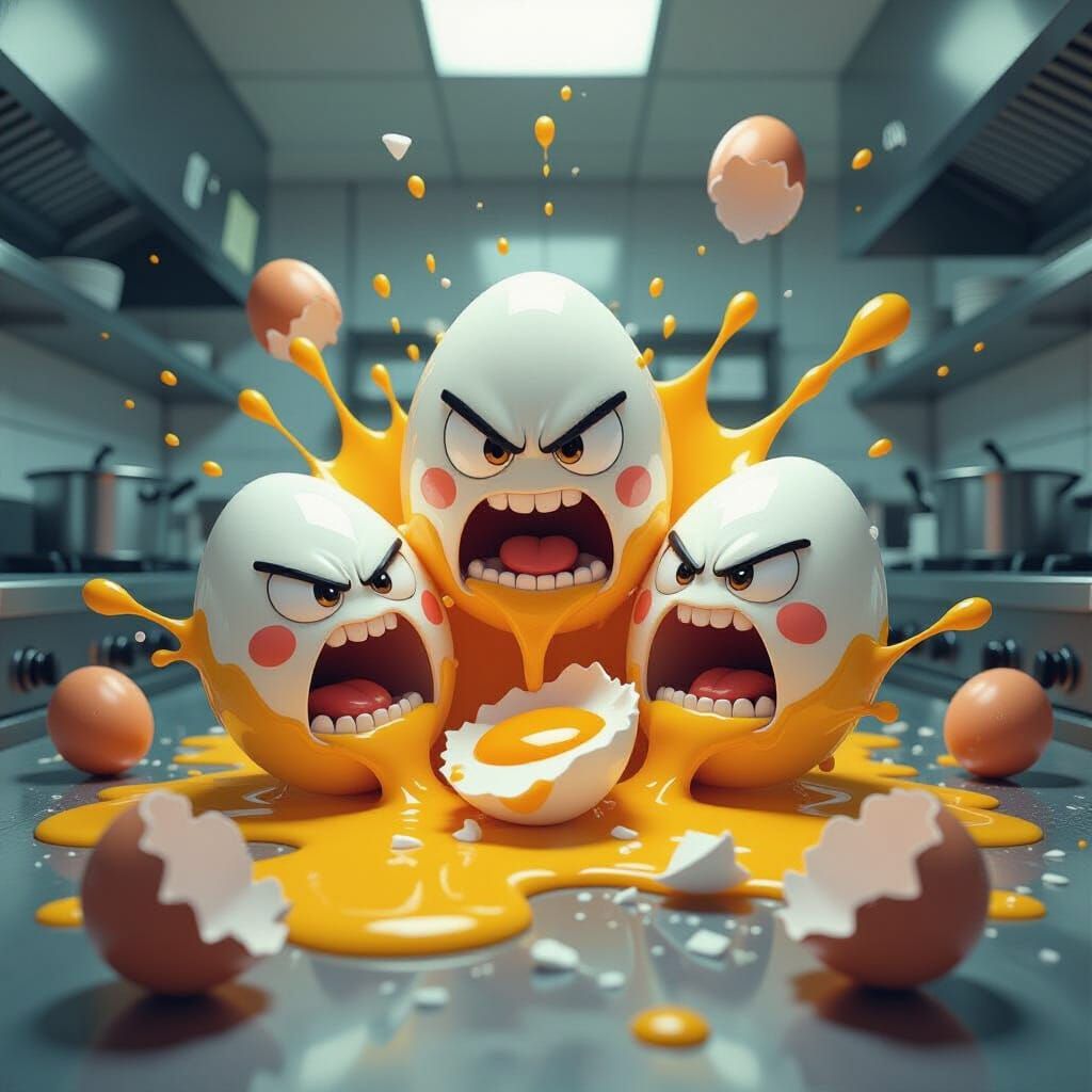 Chaotic Egg Food Fight in Vibrant Style