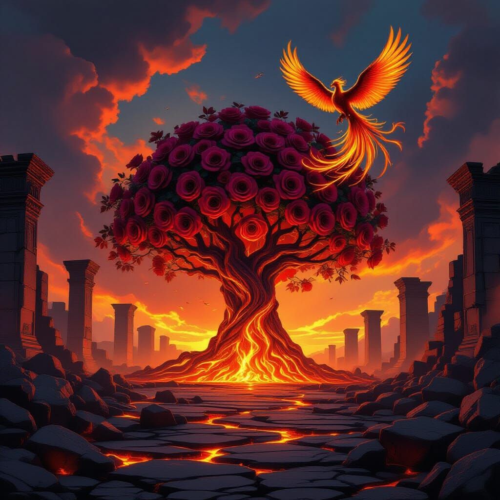 Epic Fantasy City Ruins With Rose Tree and Fiery Phoenix