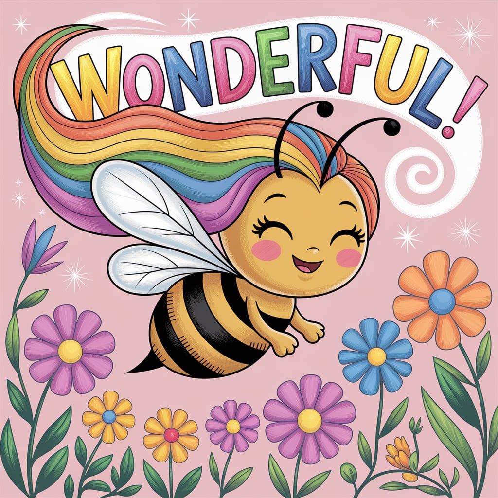 Adorable Golden Bee with Rainbow Hair in 2D Style