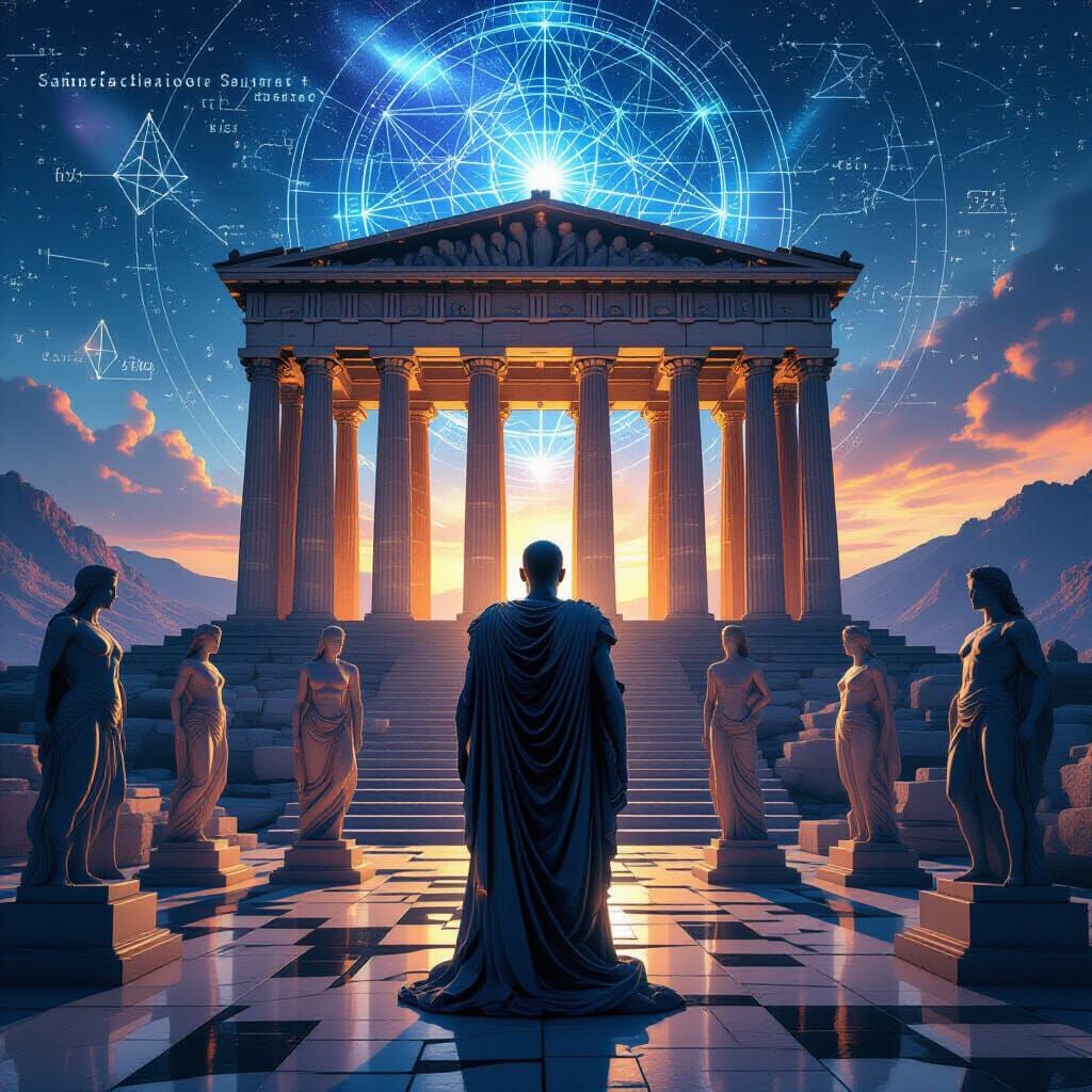 Ancient Temple Meets Cosmic Future: Math Genius Cover Art