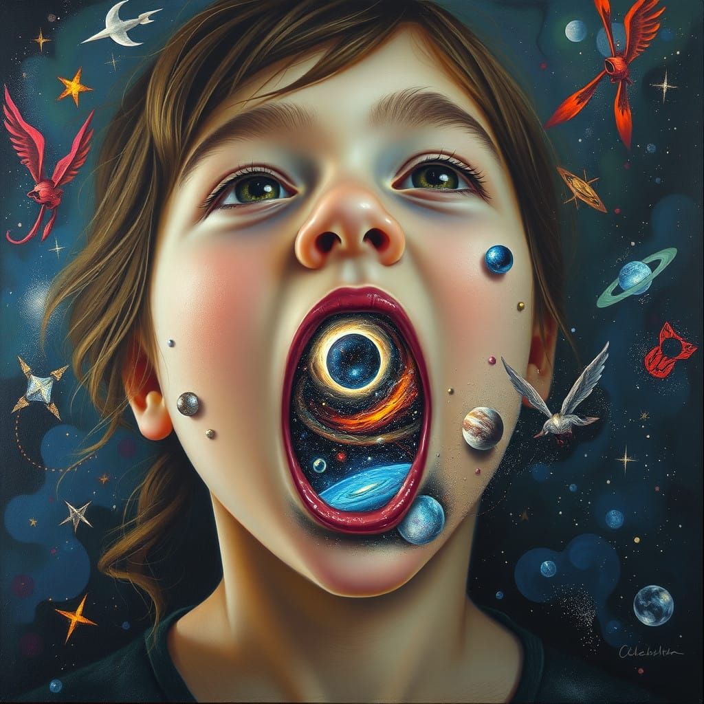Girl's Mouth Unfolds into Celestial Vortex