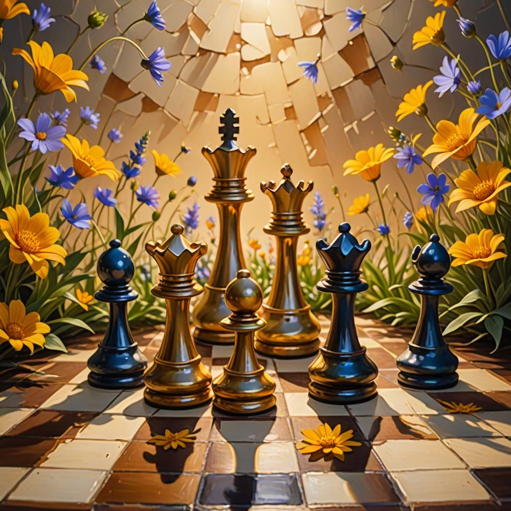 Wildflowers Bloom in Chessboard Cracks: Surreal Oil Painting