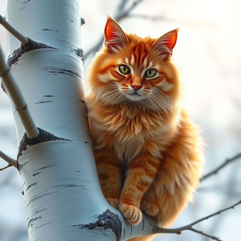 Whimsical Orange Cat in Birch Tree Watercolor Portrait