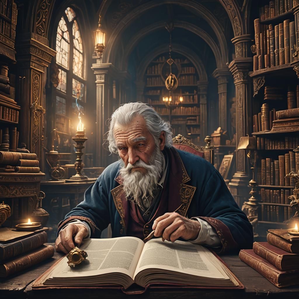 Old Man Reading an Illuminated Book: Detailed Matte Painting