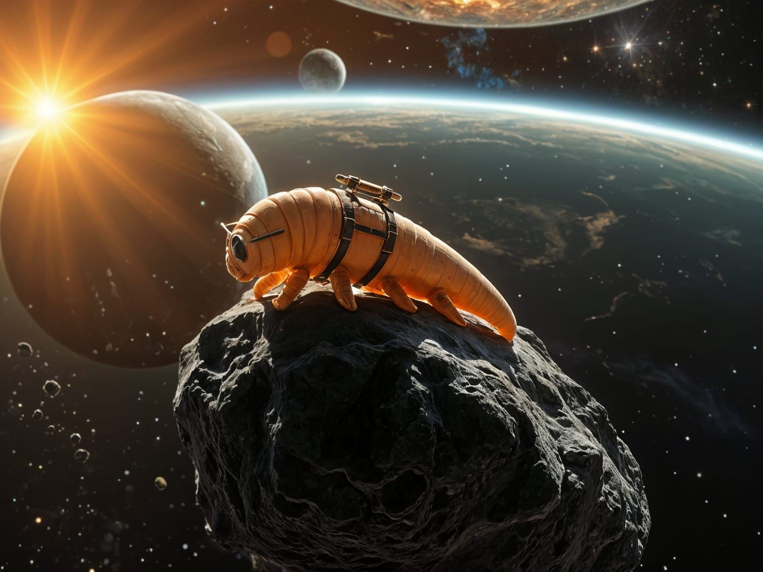 Surreal Space Scene of a Tardigrade on an Asteroid