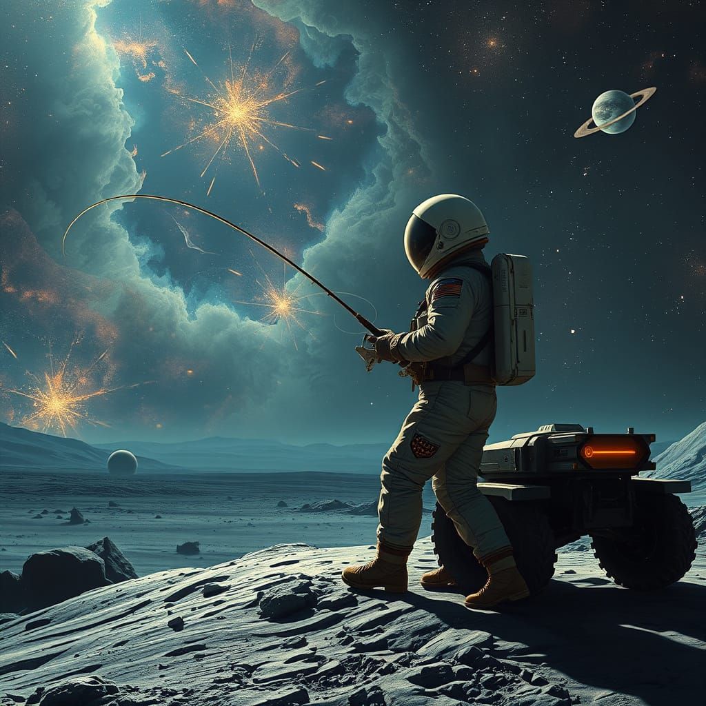 Astronaut Fishing in Nebula on Alien Moon