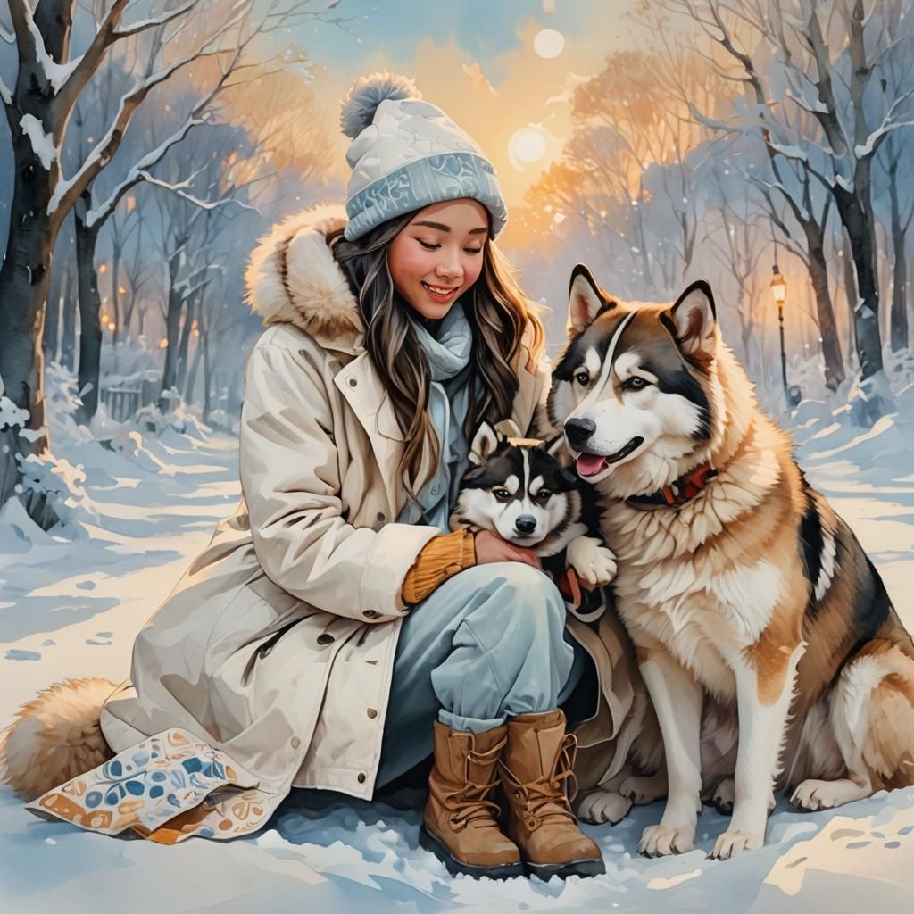Girl Hugging Husky in Winter Wonderland