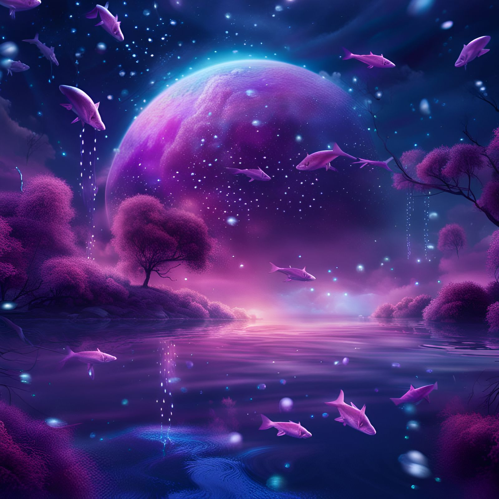 Fantastical Night Sky River Scene in Deep Color