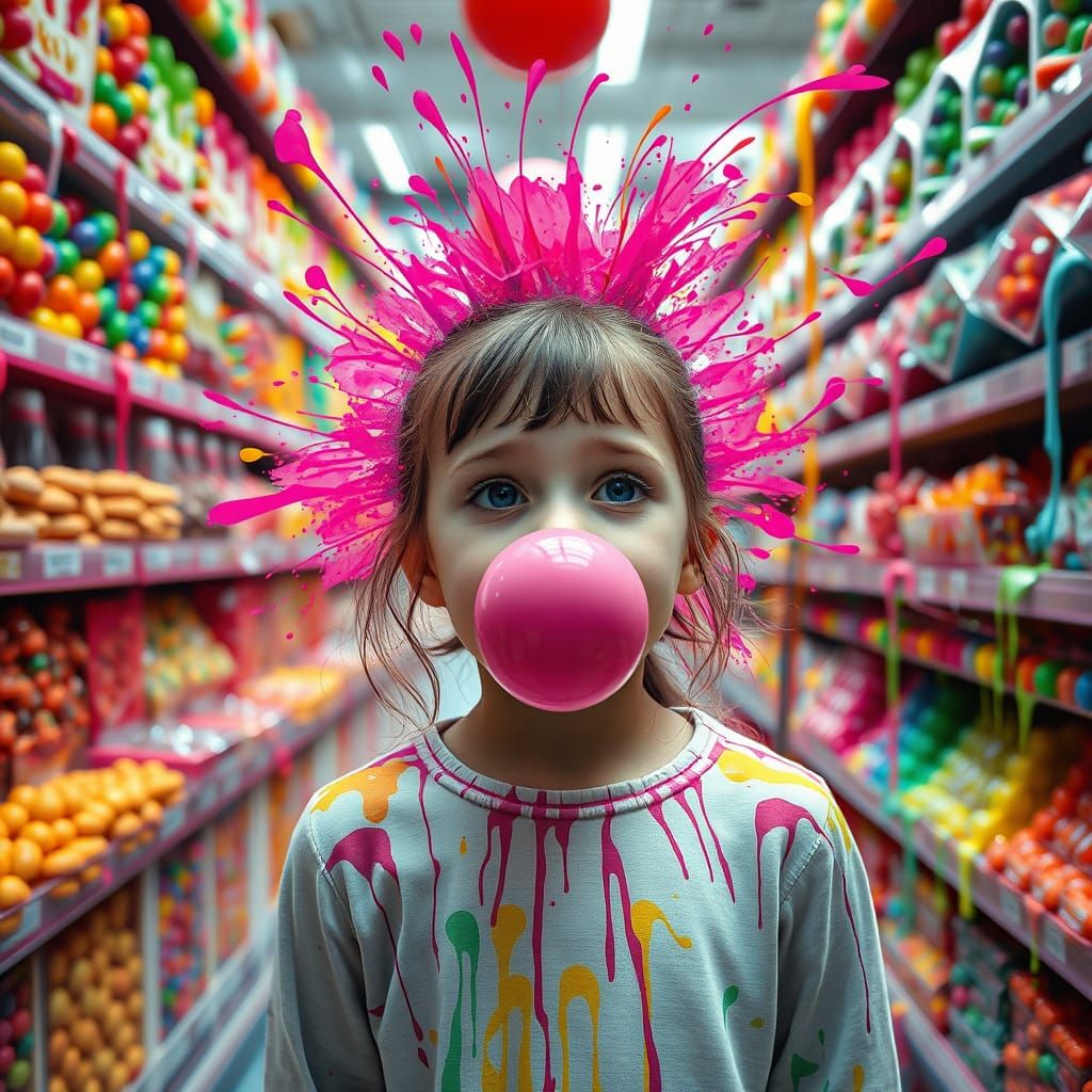 Girl Blows Massive Bubble in Hyper-Realistic Candy Store Exp...