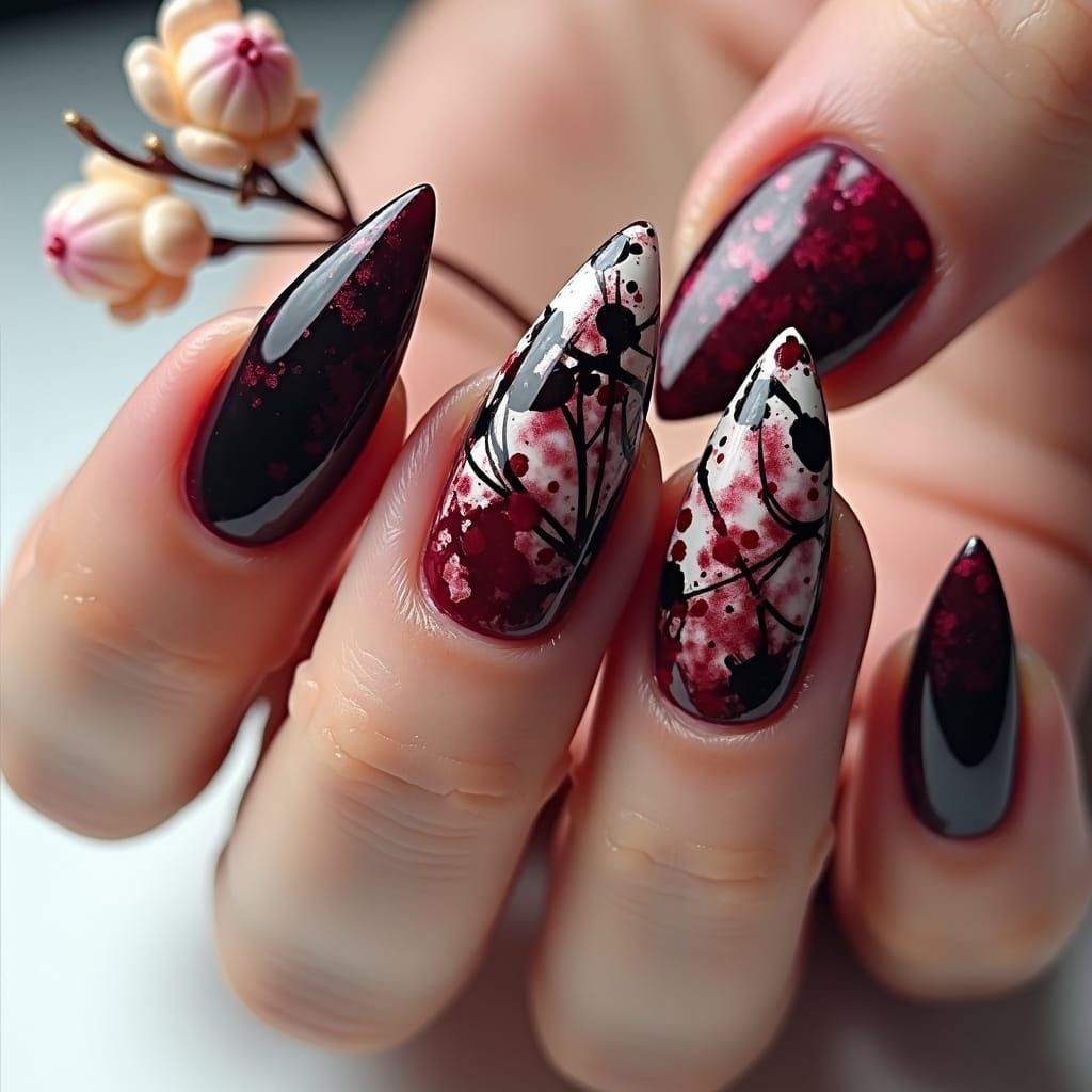 Abstract Expressionist Stiletto Nails with 3D Floral Art
