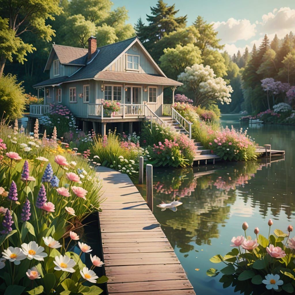 Picturesque Lakeside House with Flowers in Fairycore Style